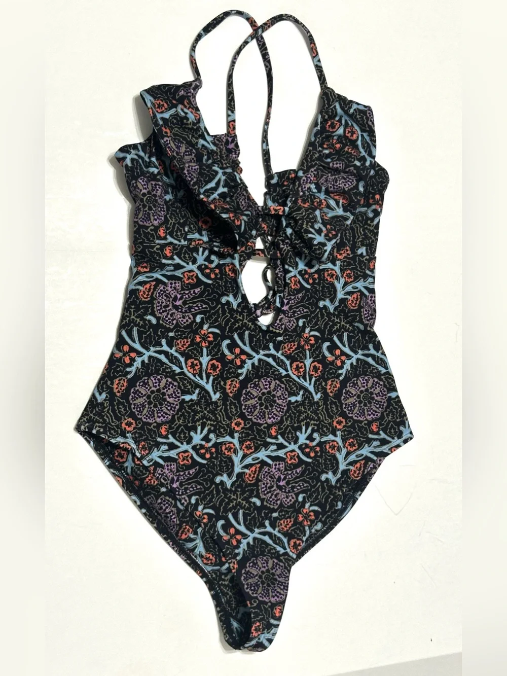 SEA NEW YORK MARLEE ONE PIECE Floral Ruffle Swimsuit Black w/ Pastel Prints XXS